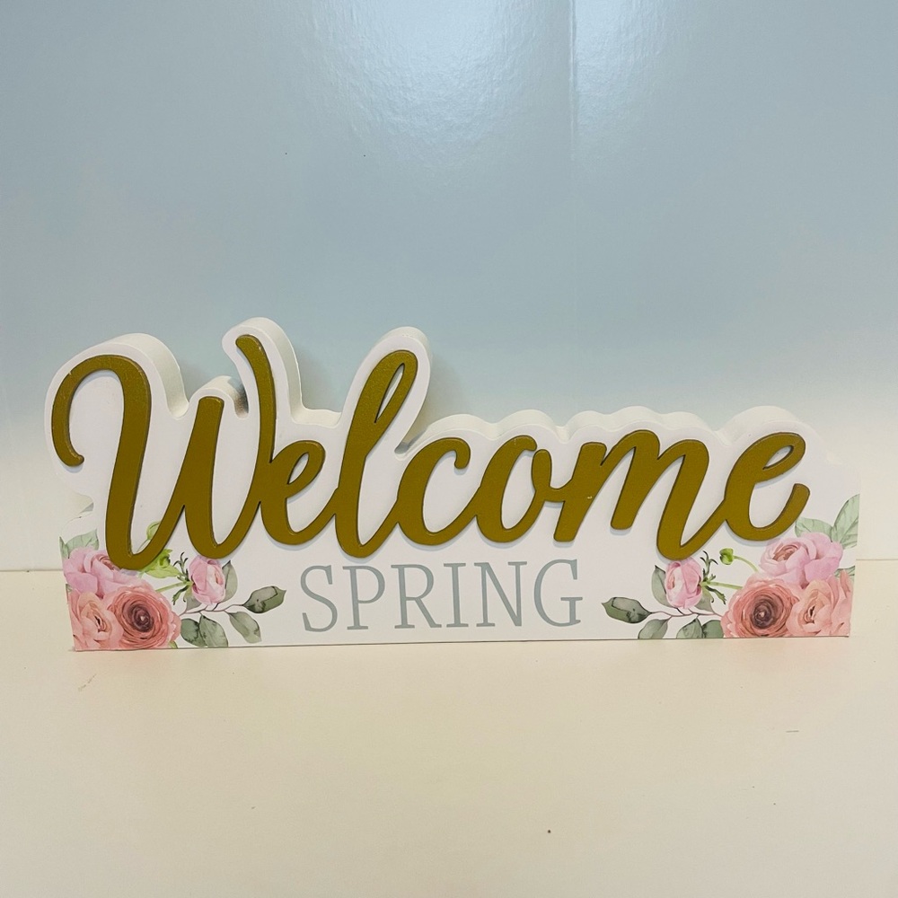 Gold and Pink Floral Spring Welcome Sign, Tabletop Decor, Shelf Decor
